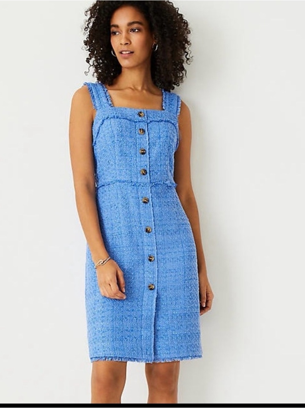 Ann Taylor Tweed Button Front Shift Dress Lapis Bluebird Womens Size 6 Mini Shor